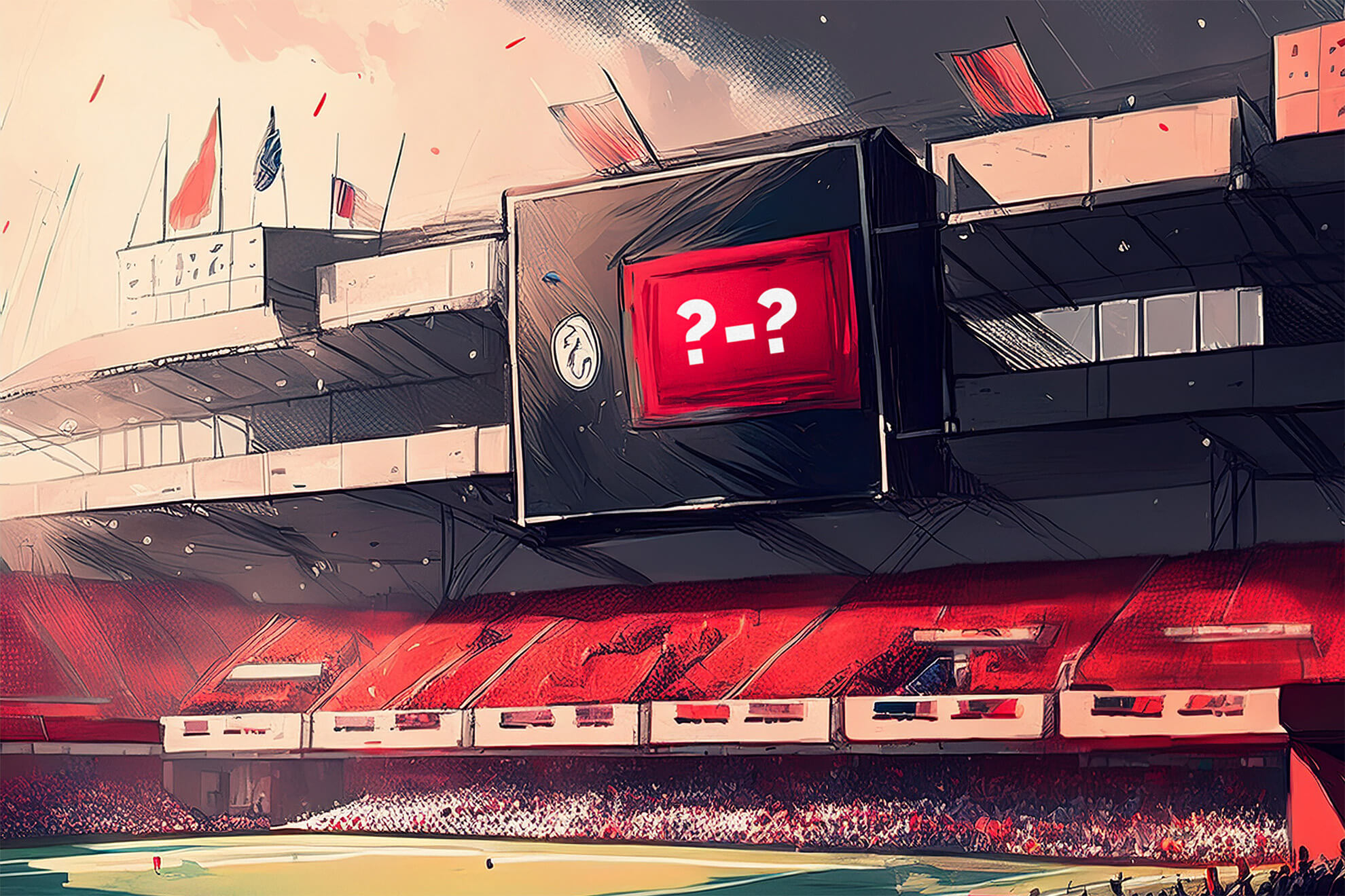 A generic football stadium with a scoreboard showing an unknown score